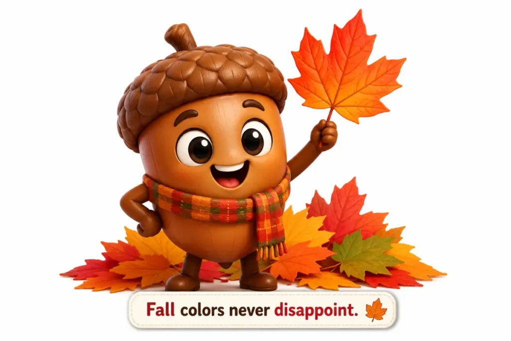 Cute chibi 3D Acorn Puns character proudly showing colorful autumn leaves with the caption Fall colors never disappoint.