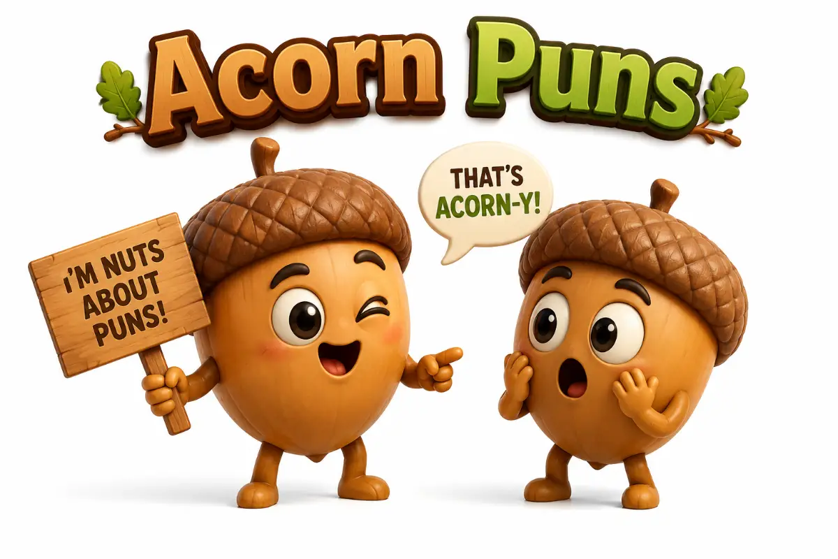 Acorn Puns cute chibi 3D cartoon with funny acorn characters joking on a clean white background.