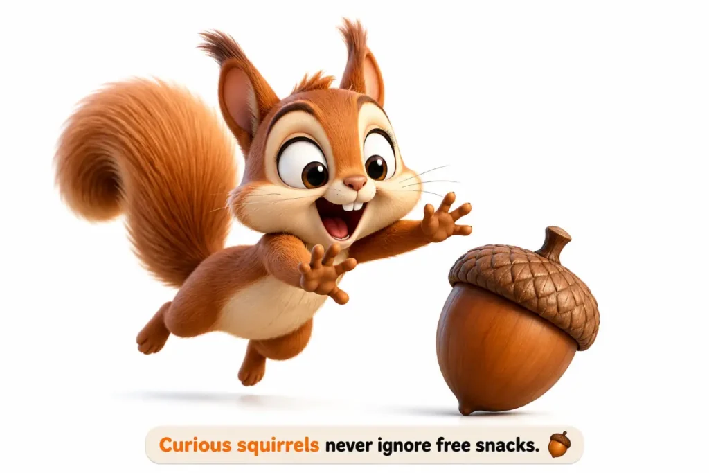 Cute chibi squirrel hilariously diving for a giant acorn in a funny Acorn Puns cartoon illustration with meme style caption.