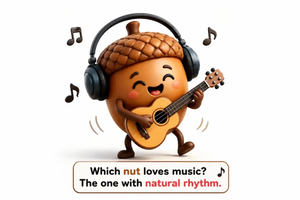 Cute chibi 3D Acorn Puns illustration of a musical acorn playing guitar with natural rhythm on a clean white background.