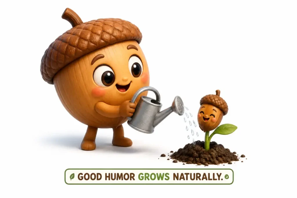 Cute 3D acorn characters showing playful growth in an Acorn Puns illustration.