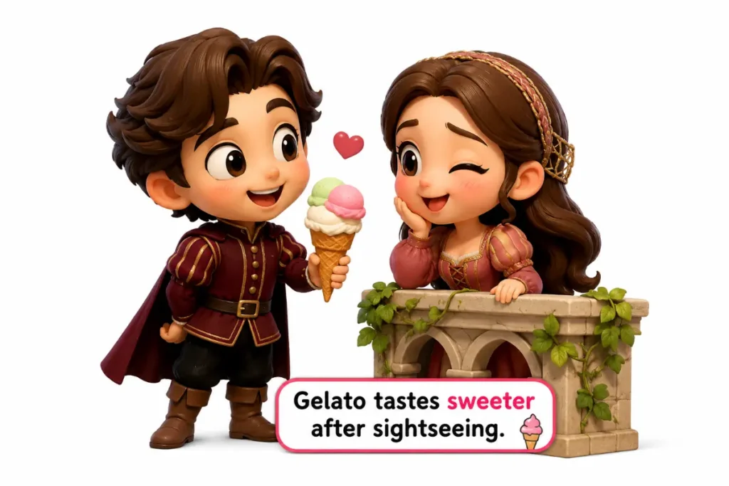Romeo And Juliet Puns illustration of cute chibi Romeo offering gelato to Juliet with the caption “Gelato tastes sweeter after sightseeing.”