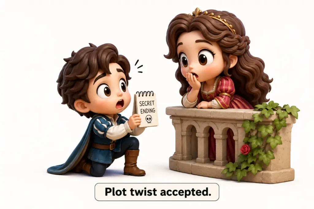 Romeo And Juliet Puns – Cute 3D chibi Romeo and Juliet parody reacting to an unexpected secret ending with the caption "Plot twist accepted." on a clean minimalist white background.