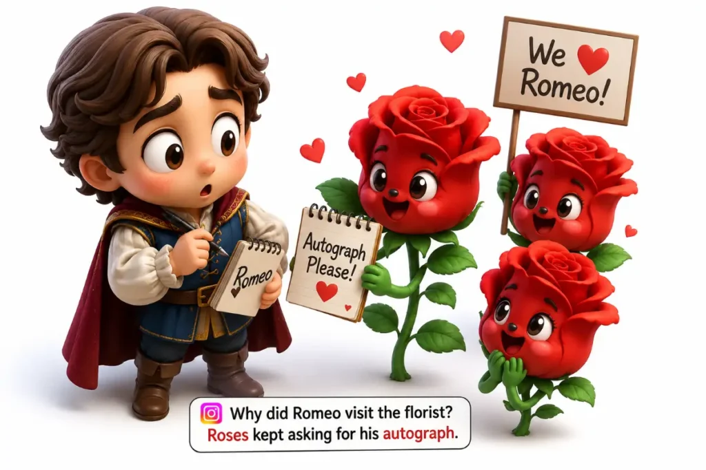 Romeo And Juliet Puns illustration of Romeo signing autographs for excited roses at a florist in a cute chibi style 3D cartoon