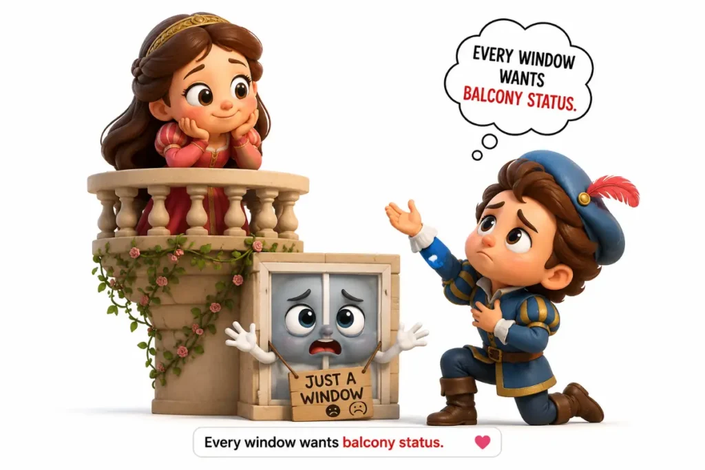 Romeo And Juliet Puns chibi style 3D cartoon of Romeo courting Juliet on a balcony while a sad window wishes it had balcony status, creating a funny minimalist visual pun.