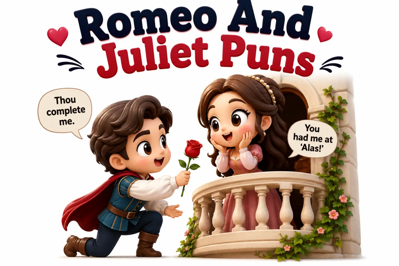 Romeo And Juliet Puns cute chibi style 3D cartoon illustration featuring Romeo offering Juliet a rose from below a balcony with a funny dramatic expression, minimalist background, and bold title at the top.