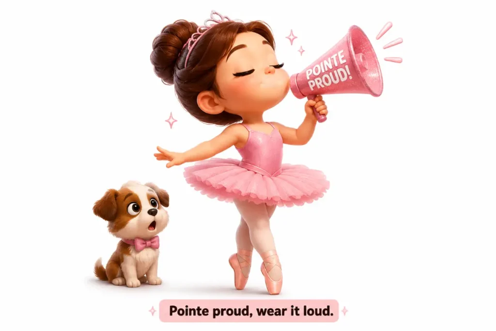 Funny Ballet Puns — a proud chibi ballerina performs on pointe beside a surprised puppy.