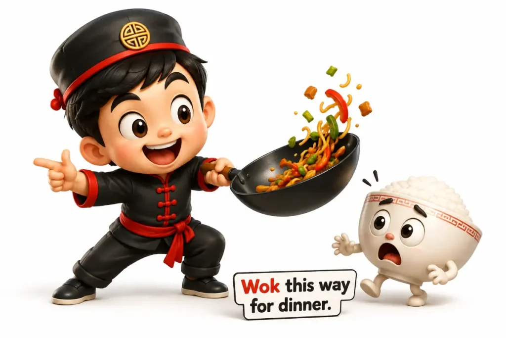 Chinese Jokes — cute chibi chef dramatically serving a wok dinner while a rice bowl reacts in surprise.