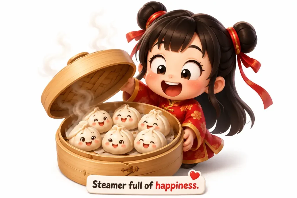 Chinese Jokes featuring a steamer full of happiness with cute smiling dumplings.
