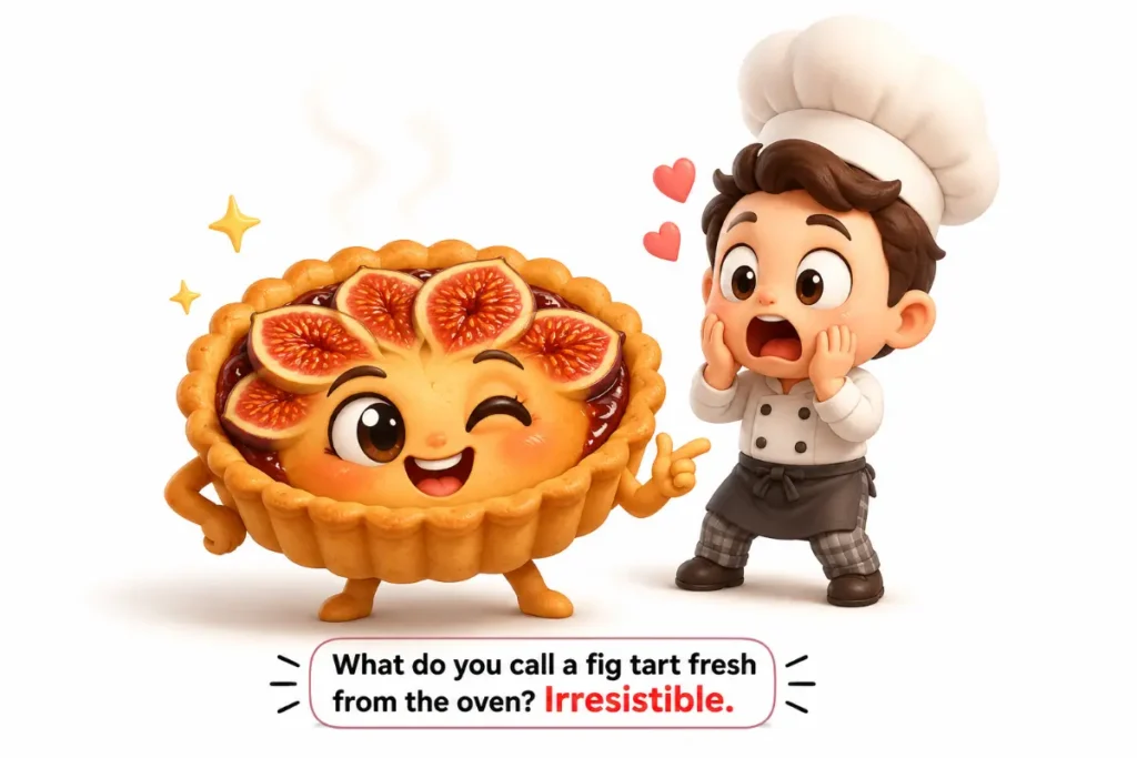 Fig Puns cute chibi fig tart fresh from the oven looking irresistible.