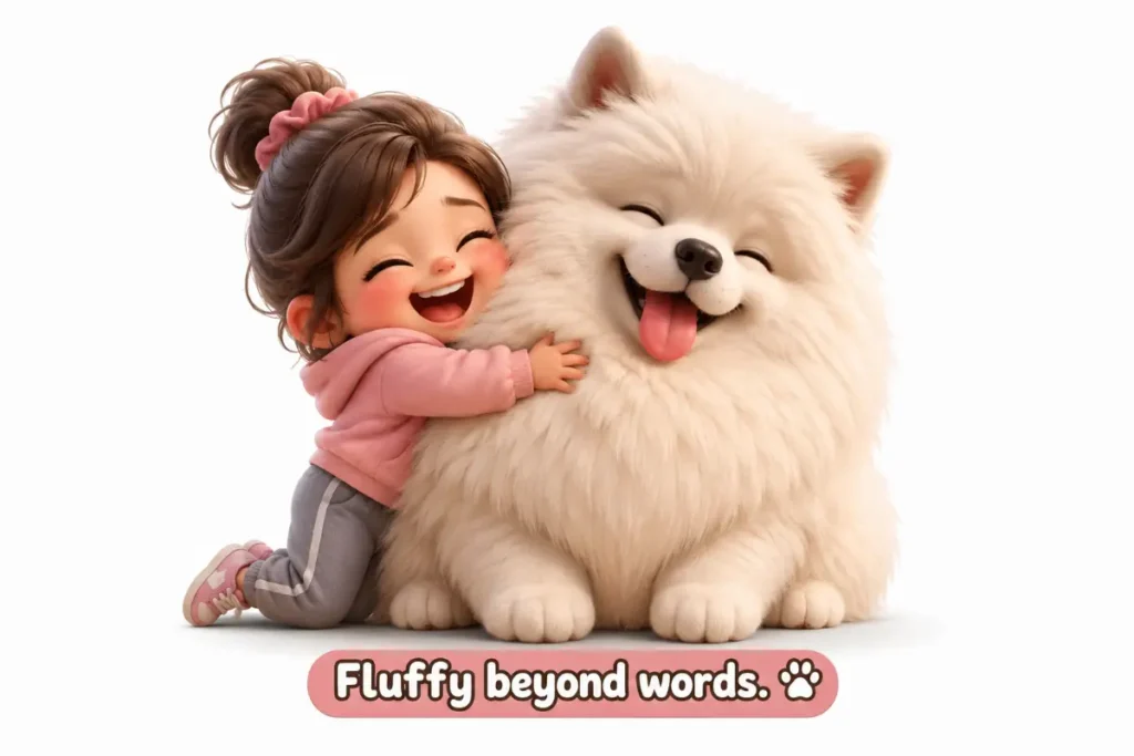 Cute chibi dog illustration for Fur Puns, showing an irresistibly fluffy dog being hugged.
