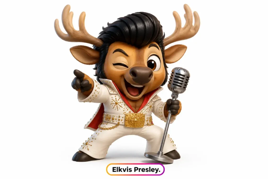 Cute chibi 3D Elk Puns illustration of Elkvis Presley singing into a microphone in a funny Elvis inspired performance.
