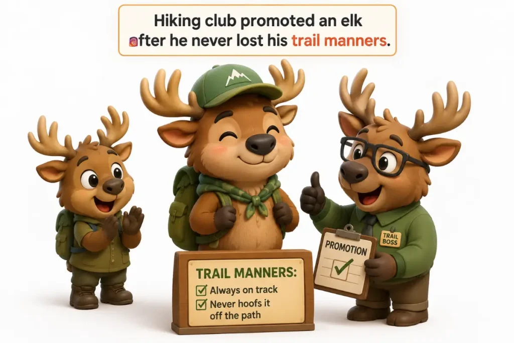 Cute chibi 3D Elk Puns illustration of a proud elk earning a hiking club promotion for perfect trail manners on a clean white background.