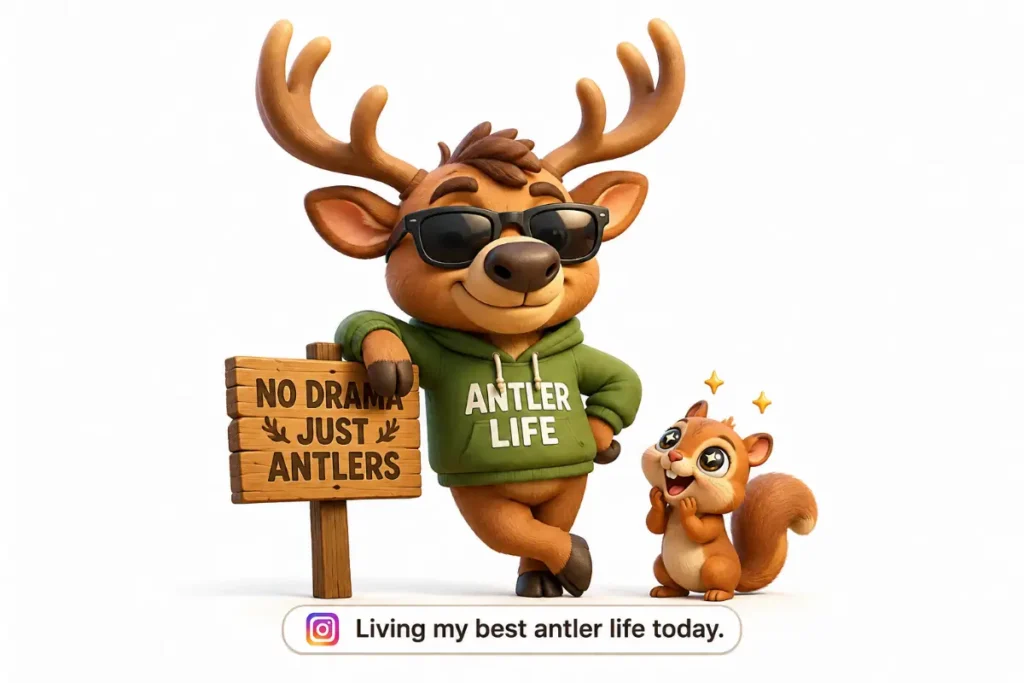 Cute chibi 3D cartoon Elk Puns illustration of a smug elk proudly living its best antler life while an amazed squirrel admires it.
