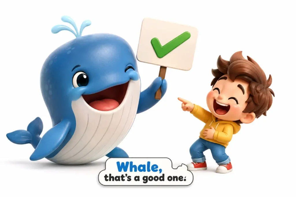 Cute chibi whale character with “Animal Puns” joke and a laughing boy.