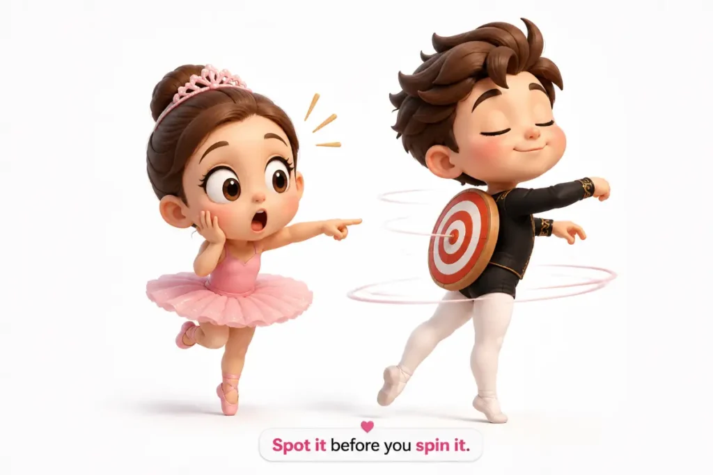 Funny Ballet Puns featuring a chibi dancer spinning with a bullseye.