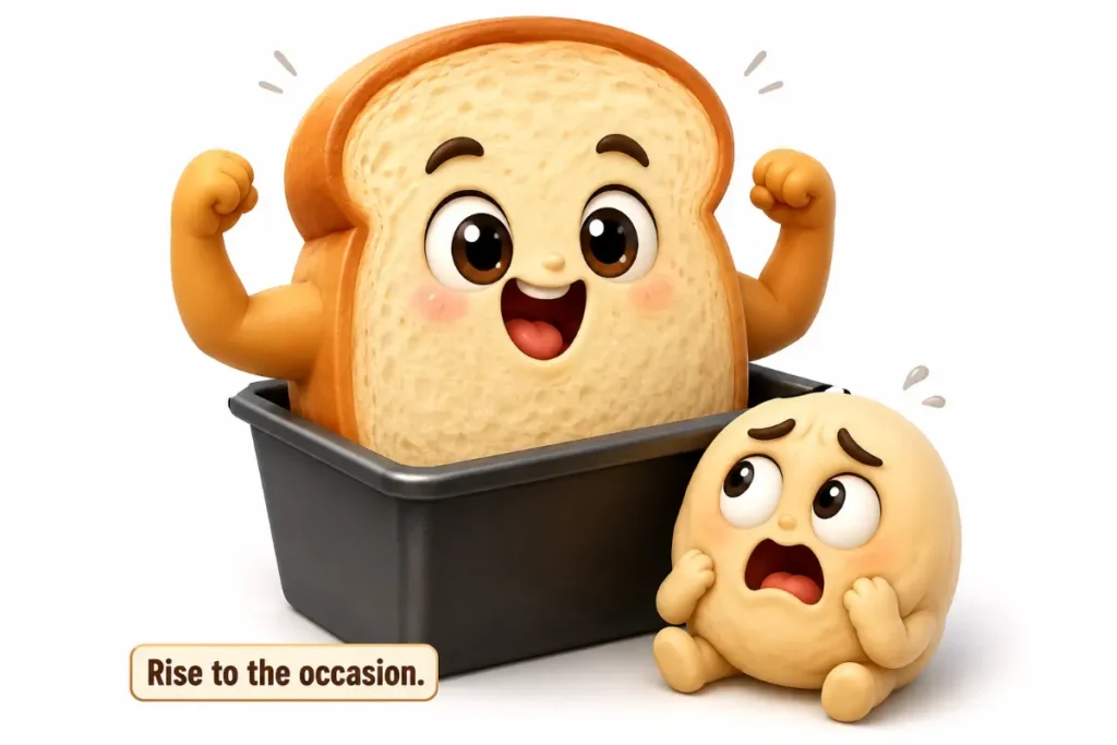 Bread Puns: Cute chibi bread rising dramatically to the occasion.