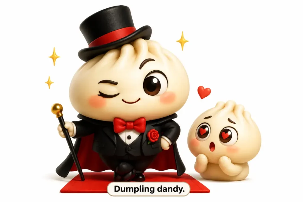 Chinese Jokes featuring a cute chibi dumpling dressed as a stylish dandy.