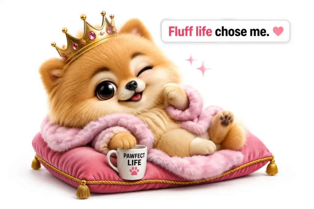 Fur Puns: A fluffy crowned pup enjoying a pampered life with a cheeky smile.