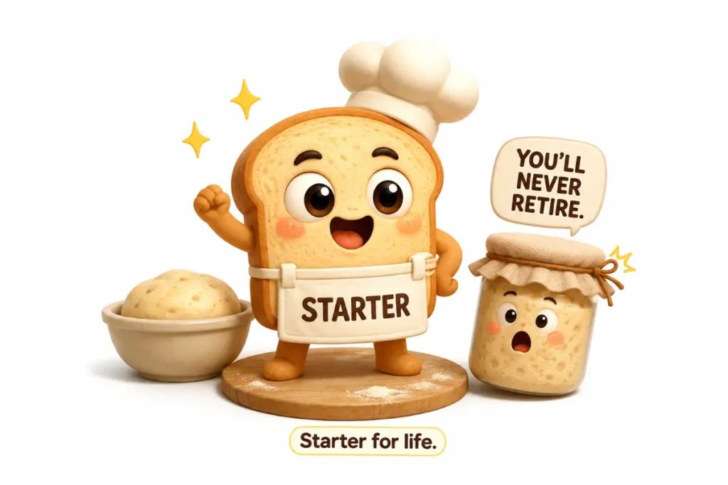 Cute bread character with starter jar for Bread Puns.