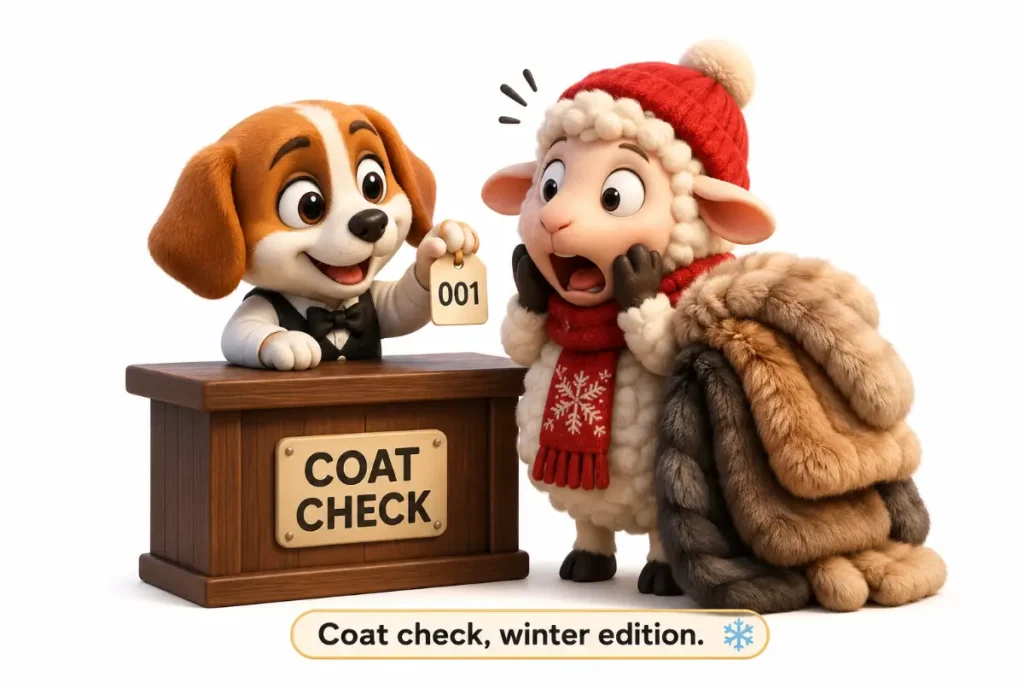 Fur Puns cute chibi dog and sheep at a winter coat check.