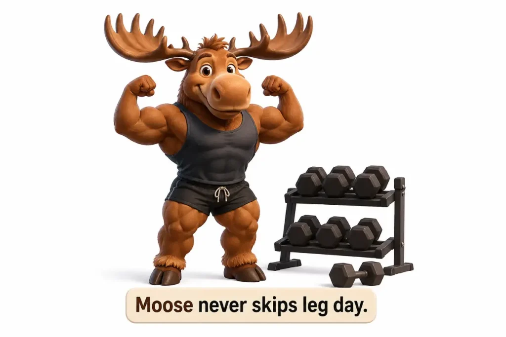 Cute chibi elk lifting weights for an Elk Puns gym joke.