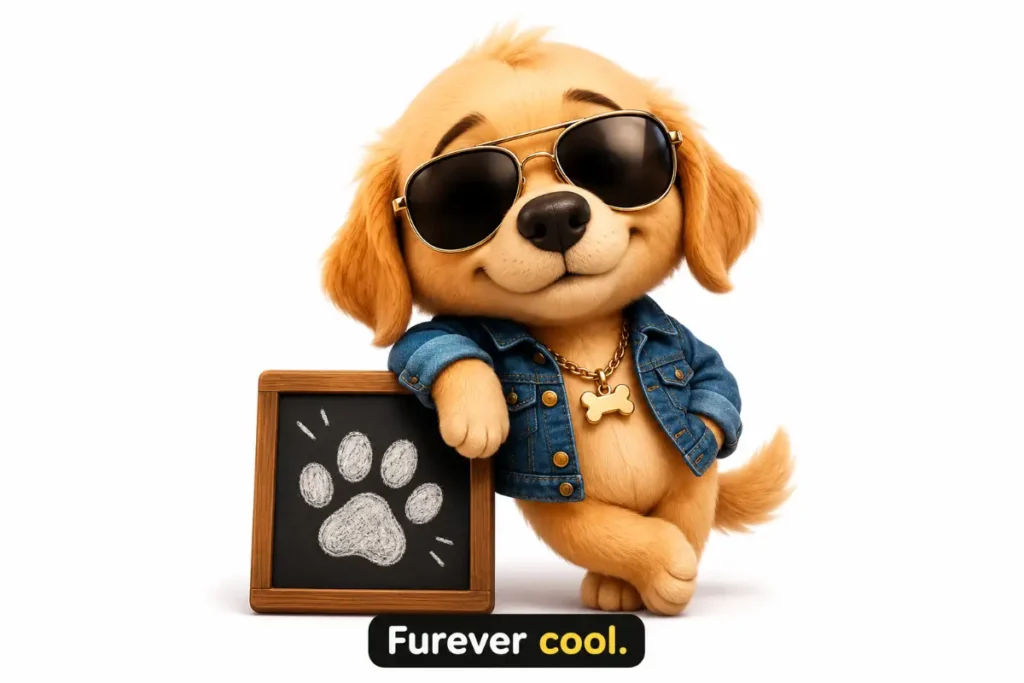 Cute chibi animal pun illustration of a cool puppy wearing sunglasses — “Furever cool.”